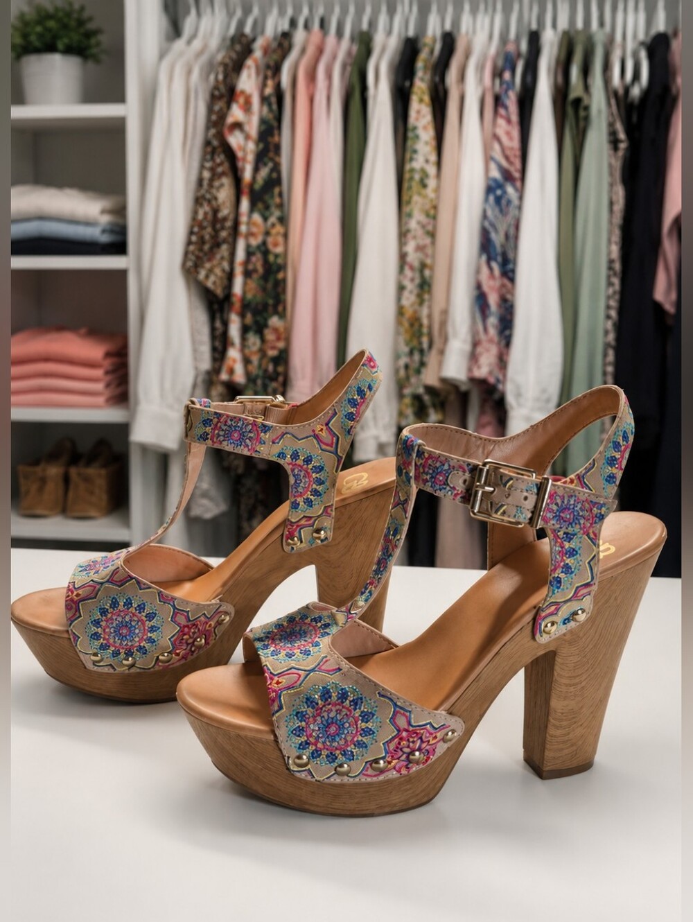 GIANNI BINI Platform Wood-Heel Sandals In Floral.  EUC
